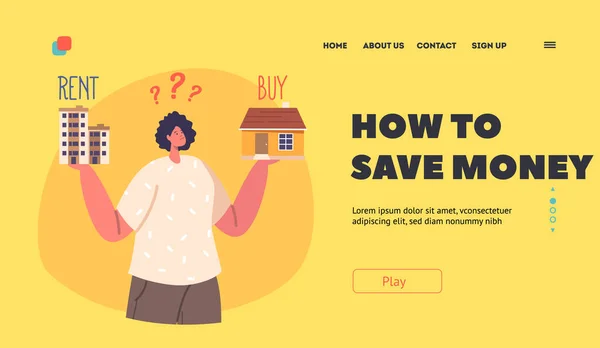 Saving Money Landing Page Template Pensive Young Woman Character Choosing — Vettoriale Stock
