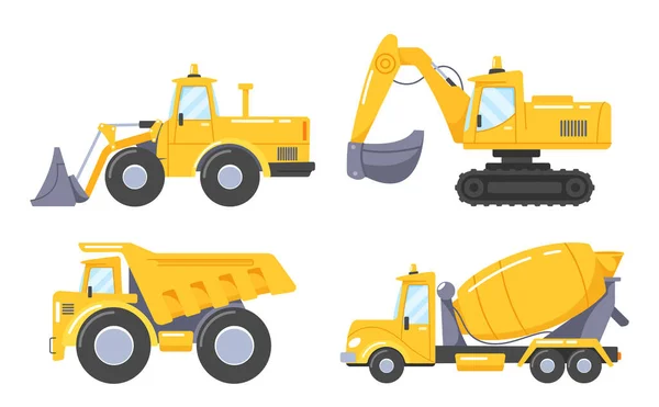 Heavy Transportation Cars Construction Equipment Building Bulldozer Excavator Dump Truck — Stock Vector
