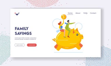 Family Savings Management Landing Page Template. Male and Female Characters Riding Piggy Bank Pointing Finger to Forward Direction. Financial Success Concept. Cartoon People Vector Illustration