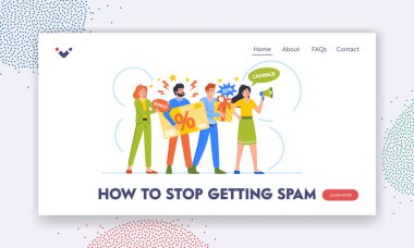 How to Stop Spam Landing Page Template. Annoying Salespeople Characters Insistently Announce Special Offers. Male and Female People Loudly Advertise Goods. Concept. Cartoon Vector Illustration