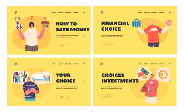Financial Literacy Landing Page Template Set Young People Characters Make — Stock Vector