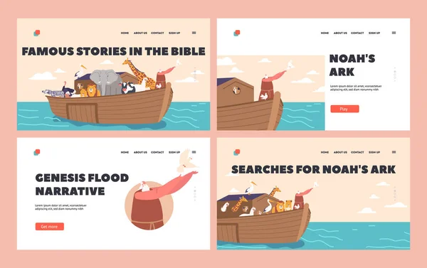 Story Genesis Flood Landing Page Template Set Noah Character Large — Stock Vector