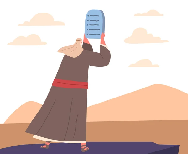 Musa Karakter Memegang Tablet Batu Dengan Sepuluh Perintah Gunung Sinai - Stok Vektor