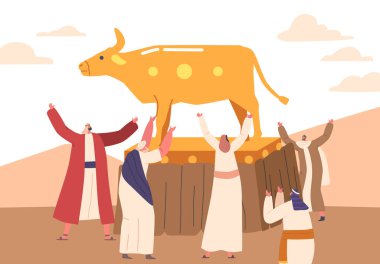 Ancient Jews Characters Worshiping Golden Taurus. Women and Men Dancing around Figure of Gold Domestic Animal. Chosen People Sinning by Creating Idol Biblical Narrative. Cartoon Vector Illustration