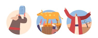 Moses Character Holding Tablets with Commandments. Jews Worshiping Golden Taurus. Man Raises Hands Rejoicing at Idol. Round Icons Isolated on White Background. Cartoon People Vector Illustration