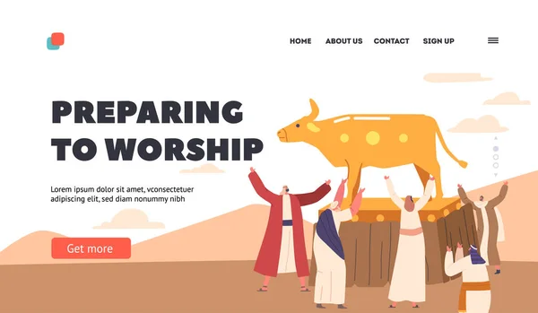 Preparing Worship Landing Page Template Ancient Jews Characters Worshiping Golden — Stock Vector