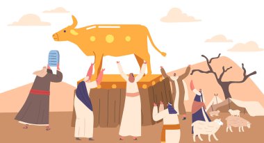 Moses Holds up Tablets with Ten Commandments. Israelites Betraying God by Worshiping Idol of Golden Taurus and Dancing around Domestic Animal in Desert. Cartoon People Vector Illustration