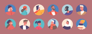 Adults and Children Characters in Light and Warm Clothes. Smiling People of Different Ages in Business Suits and Thief Mask. Round Icons Set Isolated on Pink Background. Cartoon Vector Illustration