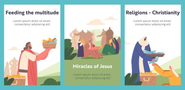 Miracles of Jesus Christ Described in Bible Banners. Multiplication of Five Loaves and Two Fishes Character Concept. Sharing Food with Believers. Cartoon People Vector Illustration, Religious Posters