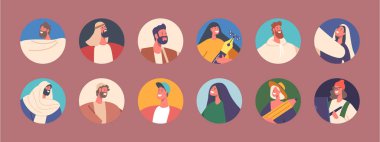 Positive Men and Women Characters Round Icons Set. Smiling Young Male and Female Persons in Ancient and Modern Clothes Isolated on Pink Background. Cartoon People Vector Illustration