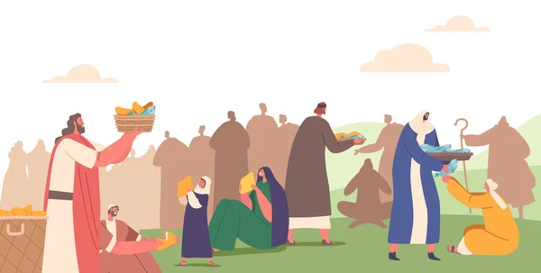 Jesus Christ Apostles Characters Feeding Hungry Crowd Five Loaves Two — Wektor stockowy