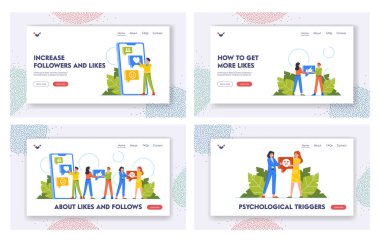 Likes in Social Networks Landing Page Template Set. Characters Chat through Internet Site, Use Modern Remote Communication Devices and Social Media Services. Cartoon People Vector Illustration