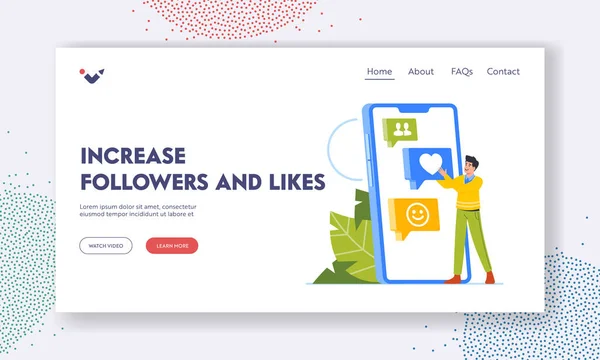 Increase Followers Likes Landing Page Template Smiling Young Man Choose — Vetor de Stock