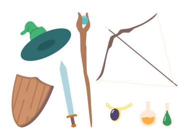 Set of Fantasy Armor and Wizardry Items. Sorcerer Hat, Potion Bottle, Flask and Magic Staff. Wooden Shield, Sword and Bow with Jewelry Necklace Isolated Icons. Cartoon Vector Illustration