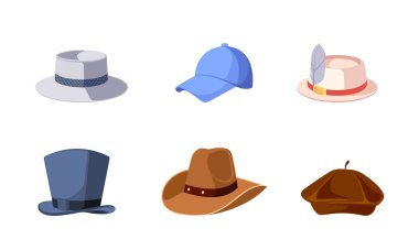 Variety Of Hats In Different Colors And Styles, Including Baseball Cap, Retro Top Hat And Fedora. Graphics Collection Of Hats For Various Purposes And Fashion Styles. Cartoon Vector Illustration