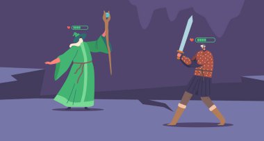 Wizard and Fantasy Warrior Wearing Virtual Reality Headset Fighting while Playing Mmorpg Video Game. Immersive 3d Digital World, Multiplayer, Immersive Fantasy Experience. Cartoon Vector Illustration