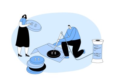 Clothes Repair, Needlework Hobby. Tiny Male and Female Characters Sewing Buttons on Textile Piece. Tailoring Hobby or Profession, Fashion Designer Occupation. Cartoon Vector Illustration