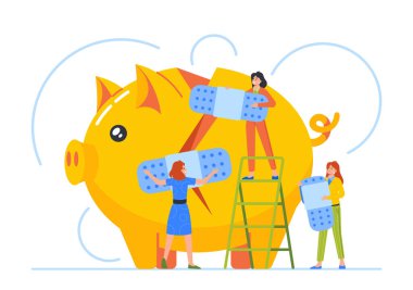Teamwork, Solution-focused Approach Concept with Business Characters Fixing Broken Piggy Bank. Group Of Professionals Repair Moneybox. Financial Problems, Crisis. Cartoon People Vector Illustration