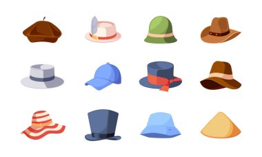 Set of Hats Relate to Different Centuries and Ages. Male and Female Vacation Cap, Panama, Traditional Lady Headwear, Cylinder Top Hat for Gentleman and Chinese Straw Cap Cartoon Vector Illustration