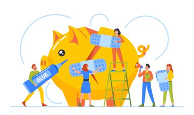 Financial Problems Business Concept. Tiny Characters Fixing Broken Piggy Bank. Group Of Professionals Collaborate, Using Tools To Repair Symbol Of Financial Savings. Cartoon People Vector Illustration