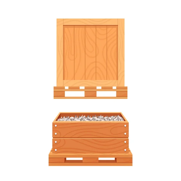 Closed Open Wooden Box Filling Stand Pallet Isolated White Background — Vettoriale Stock