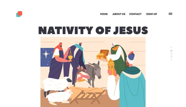 Nativity Jesus Landing Page Three Wise Men Honor Newborn Messiah — Stock Vector