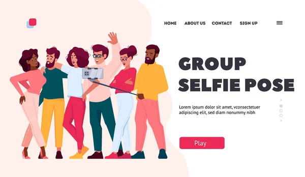 Grupo Selfie Pose Landing Page Template Amigos Tomando Selfie Personas — Archivo Imágenes Vectoriales