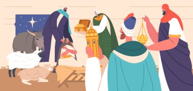 Gifts Of Magi Biblical Scene with Three Wise Men Who Followed Star To Find Jesus In Bethlehem. They Brought Three Gifts To Honor Jesus Gold, Frankincense, And Myrrh. Cartoon Vector Illustration clipart