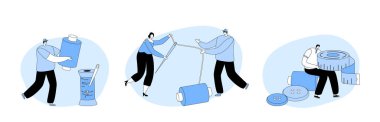 Set Atelier Workers Repair Clothes. Tiny Characters with Sewing Tools in Workshop. Tailor or Dressmaker Profession, Masters Repair Broken Textile and Clothing. Cartoon People Vector Illustration