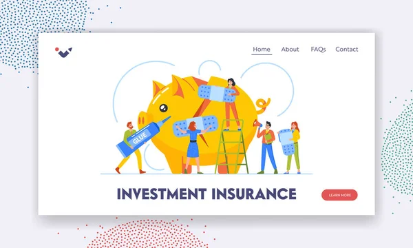 Investment Insurance Landing Page Template Tiny Characters Fixing Broken Piggy — Stock Vector