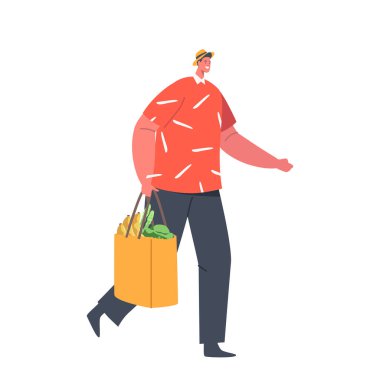 Male Character Carrying Groceries In Shopping Bag. Happy Man Shopper With Fresh Foods For Healthy Lifestyle, Person with Goods Isolated on White Background. Cartoon People Vector Illustration