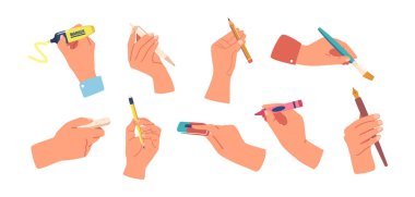 Set of Human Hands Holding Various Writing Tools Such As Pencil, Pen, Crayon or Marker, Quill Pen, Brush or Eraser Showcasing The Creativity And Versatility Of Hand. Cartoon Vector Illustration