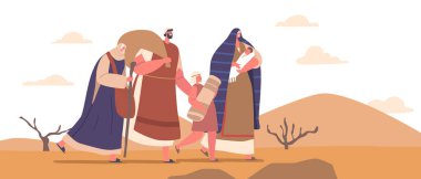 Group Of Adult and Kid Israelite Characters with Belongings Walking Through Desert with Mountainous Terrain, Biblical Story about Moses Lead People to Promised Land. Cartoon Vector Illustration