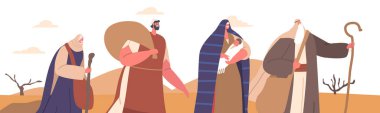 Moses Character Guides Israelites Through Desert Background with Sand Dunes. Man with Raised Staff In Hand Guiding People To Promised Land. Faith, Leadership, Hope Concept. Cartoon Vector Illustration