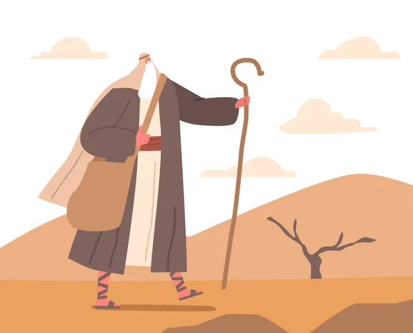 摩西站在高大的沙漠中 他持有象征着在旅程中的人们的神圣指导和领导的杖 沙丘与云彩背景中的先知人物 卡通矢量图解 — 图库矢量图片