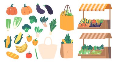 Food Market Stalls Are Overflowing With Fresh Fruits And Vegetables. Outdoor Vendor Setting Showcasing Diversity Of Healthy Eating, Local Cuisine, Sustainable Agriculture. Cartoon Vector Illustration