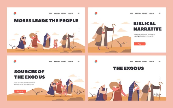Moses Leads People Landing Page Template Set Biblical Prophet Guides — Stock Vector