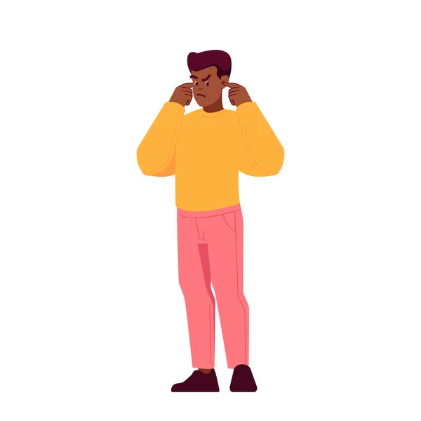 Man Hand Ears Frowning Conflict Concept Évitement Déni Refus Écouter — Image vectorielle