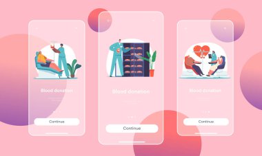 Blood Donation Mobile App Page Onboard Screen Template. Volunteers Characters Sitting in Medical Chairs Donating Lifeblood, World Donor Day, Health Care Concept. Cartoon People Vector Illustration