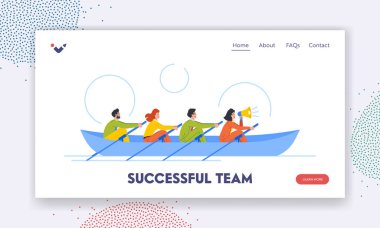 Successful Team Landing Page Template. People Rowing Together in Boat. Concept of Growth, Renewal And Development. Characters Continuously Achieve Greater Goal or Success. Cartoon Vector Illustration