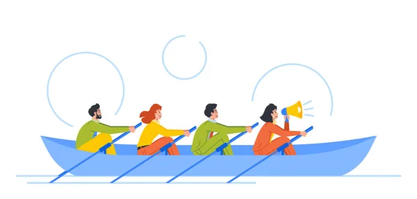 stock vector People Rowing Together in Boat. Concept of Growth, Renewal And Development. Characters Continuously Growing And Reach New Heights And Achieve Greater Goal or Success. Cartoon Vector Illustration