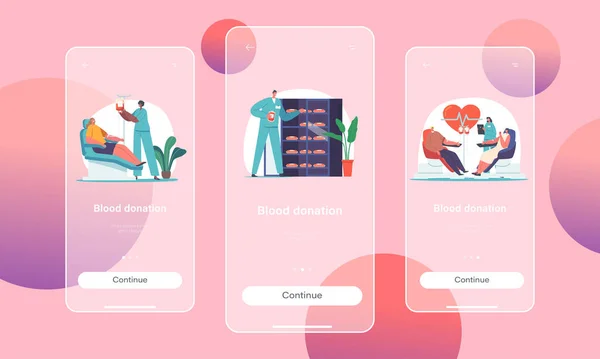 Blood Donation Mobile App Page Onboard Screen Template Volunteers Characters — Stockvektor