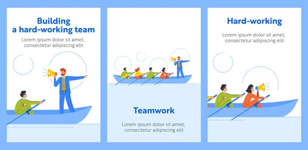 Cartoon Banners Related Teamwork Unity People Boat Rowing Unison Coordinated — Archivo Imágenes Vectoriales