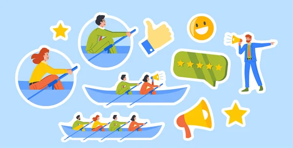 Set Stickers Teamwork Unity Collaboration People Boat Rowing Goal Business — Stok Vektör