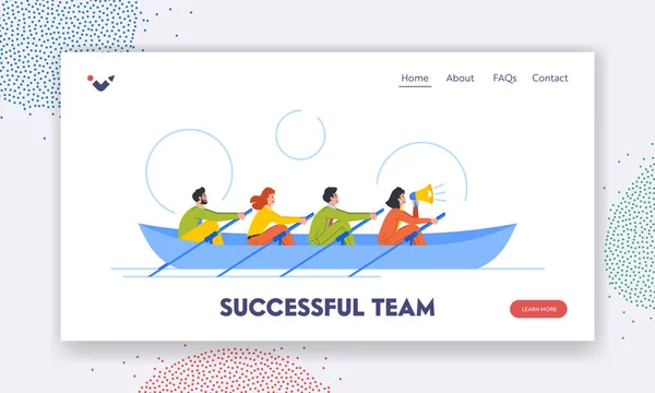 Successful Team Landing Page Template People Rowing Together Boat Concept — Stok Vektör