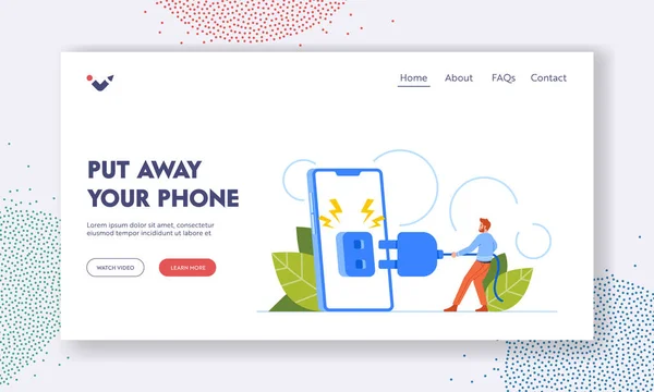 Put Away Your Phone Landing Page Template Tiny Male Character — 图库矢量图片