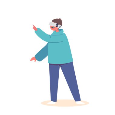 Vr Gözlüklü Çocuk Sanal Gerçeklik Oyunu, Eğlence ve Eğitim İçin Fütürist Etkileşimli Teknoloji Oynuyor. Gözlüklü Genç, Oyuncular Kulübü 'nde vakit geçiriyor. Çizgi film İnsanları Vektör İllüstrasyonu