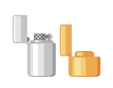 Metal Gasoline Lighters of Gold and Silver Color and Different Sizes Isolated on White Background. Accessory for Smoking, Product Advertisements, Or Branding. Cartoon Vector Illustration