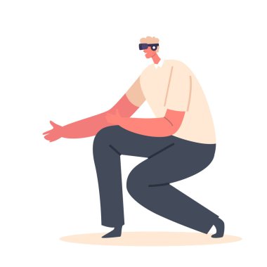 Siber alemde erkek karakter deneyimi, beyaz arka planda izole edilmiş Vr gözlük takan kişi. Yenilikçi Teknolojiler, Yenilikçi Gözlüklerle Oyun. Çizgi film İnsanları Vektör İllüstrasyonu