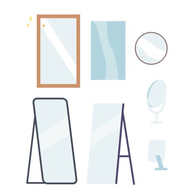 Set of Mirrors, Reflective Surface That Displays Clear Image Of Viewer Face Or Body, Commonly Used For Grooming, Decoration, And To Create An Illusion Of Space In Room. Cartoon Vector Illustration